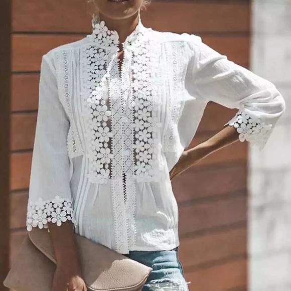 SOLD OUT White Bohemian Lace Crochet Button Front Blouse - Picture 4 of 4